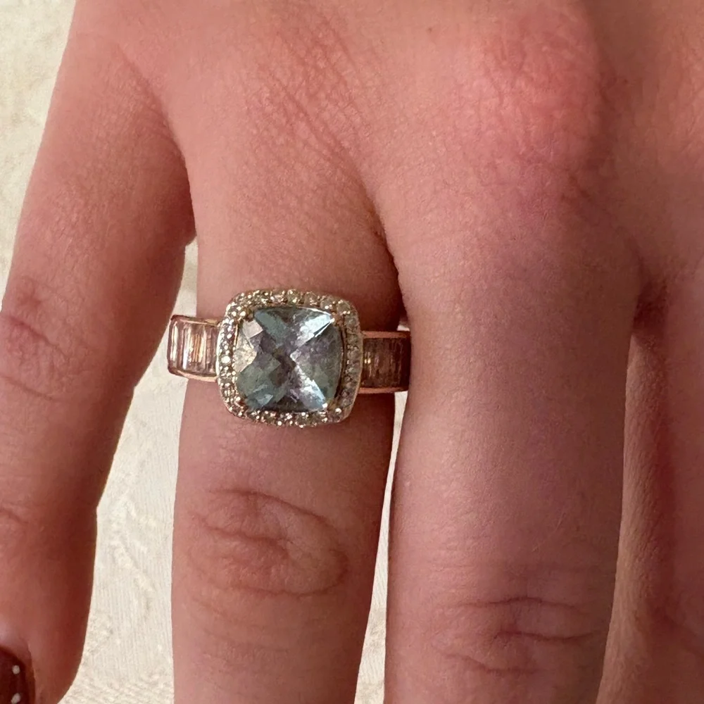 LeVian 14k Strawberry Gold Ring Blue stone surrounded by Diamonds & Baguettes - Picture 6 of 11